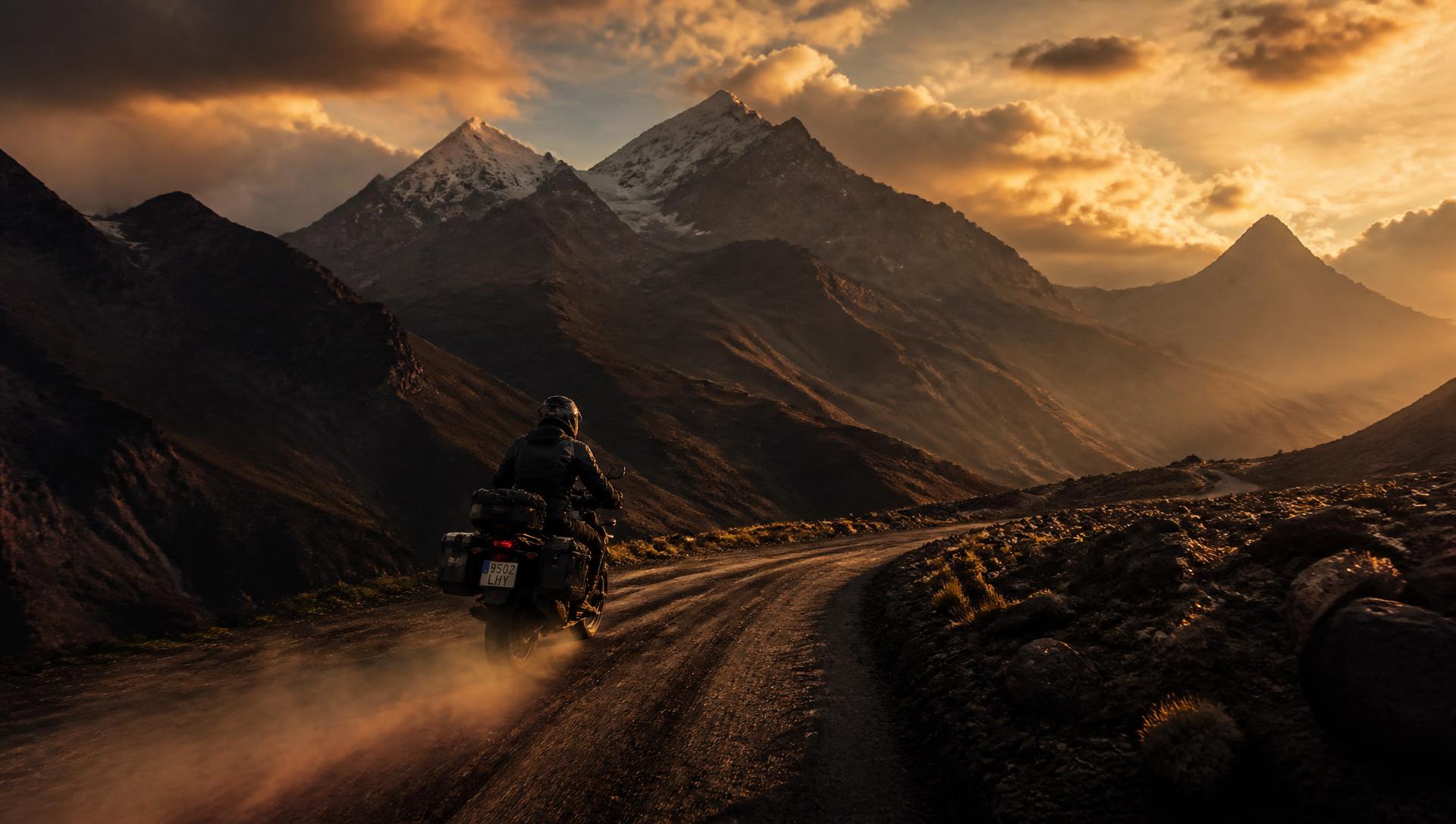 Piloto de moto aventura con equipo de protección completo recorriendo una ruta de montaña de los Andes ecuatorianos